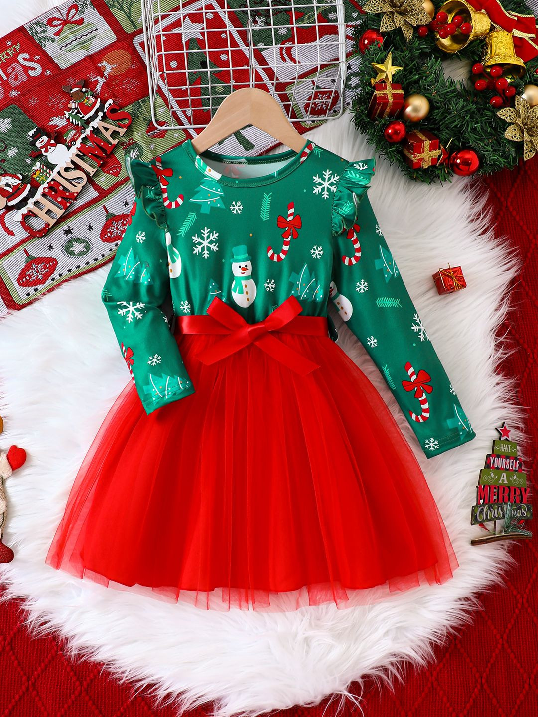 YK Girls Christmas Print Belted Tulle Fit & Flare Dress