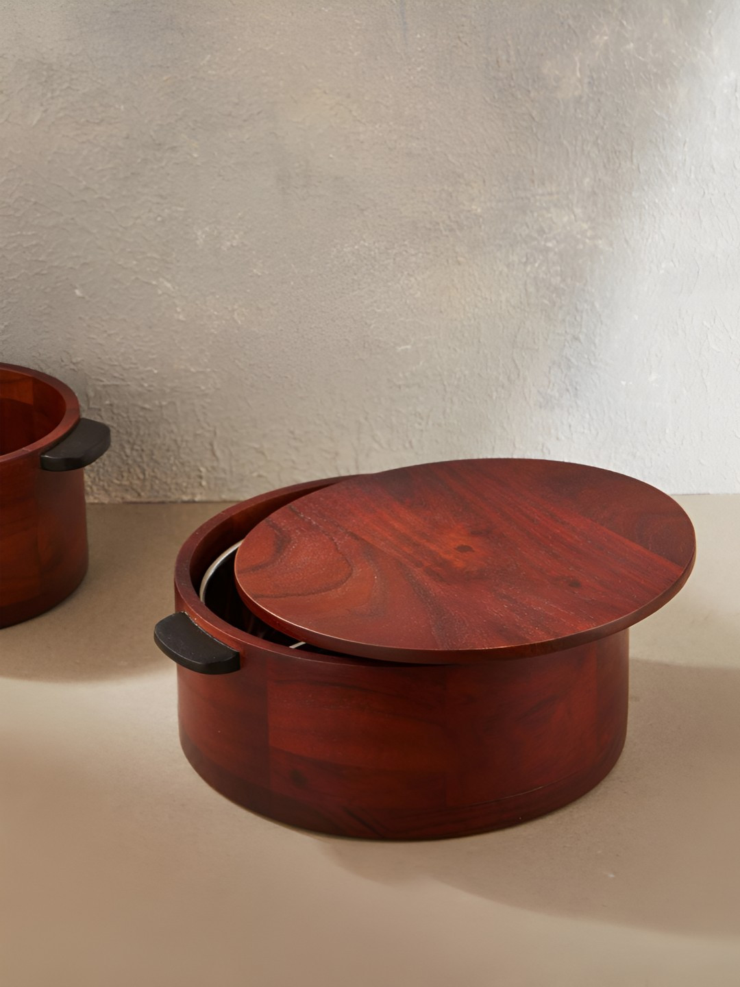 Fabindia Node Brown & Black 2 Pieces Wooden Chapati Box Casserole With Liner