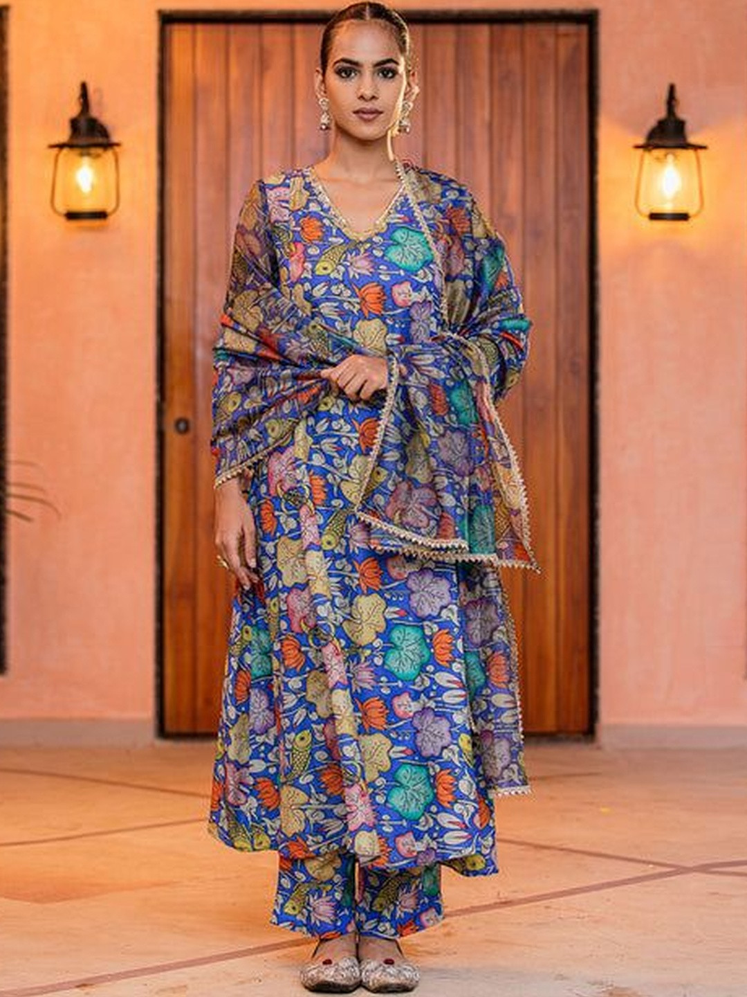 Ambraee Floral Kalamkari Printed V-Neck A-Line Kurta And Trouser With Dupatta