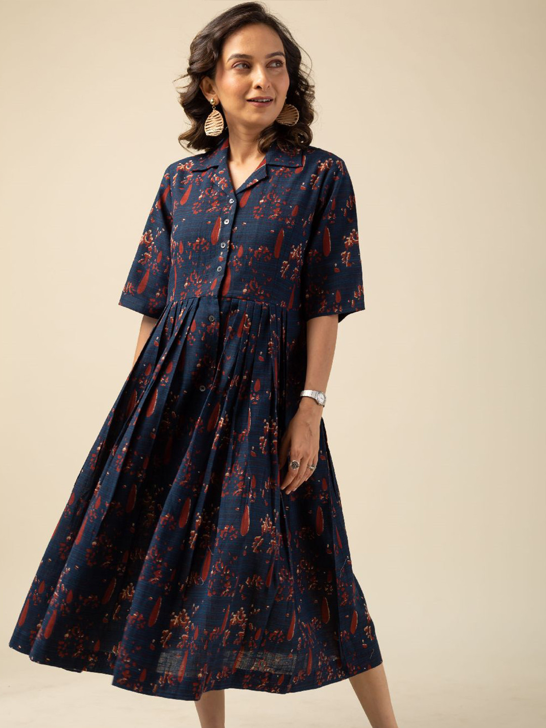 KUSVAA Printed Shirt Collar Naira Cotton Fit & Flare Dress