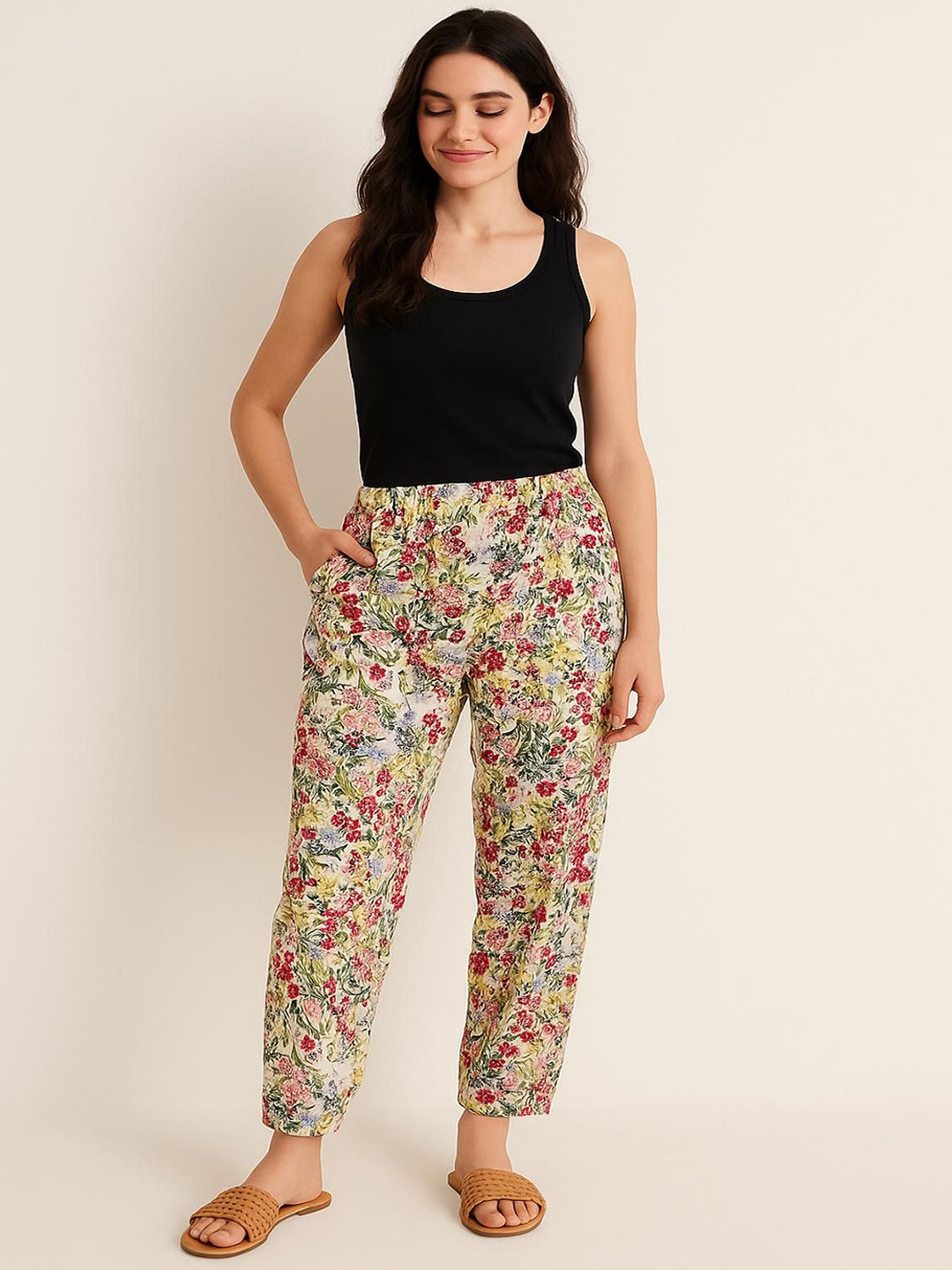 LA CHIC PICK Women Floral Printed Relaxed-Fit Mid-Rise Cotton Lounge Pants