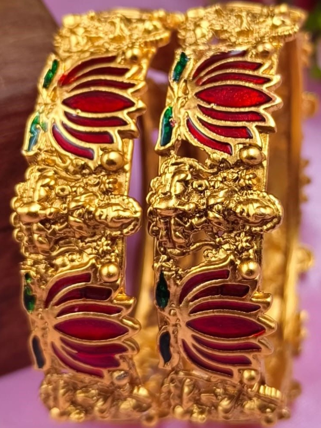 VRINDHA Set Of 2 Gold-Plated Laxmi Temple Meenakari Bangles