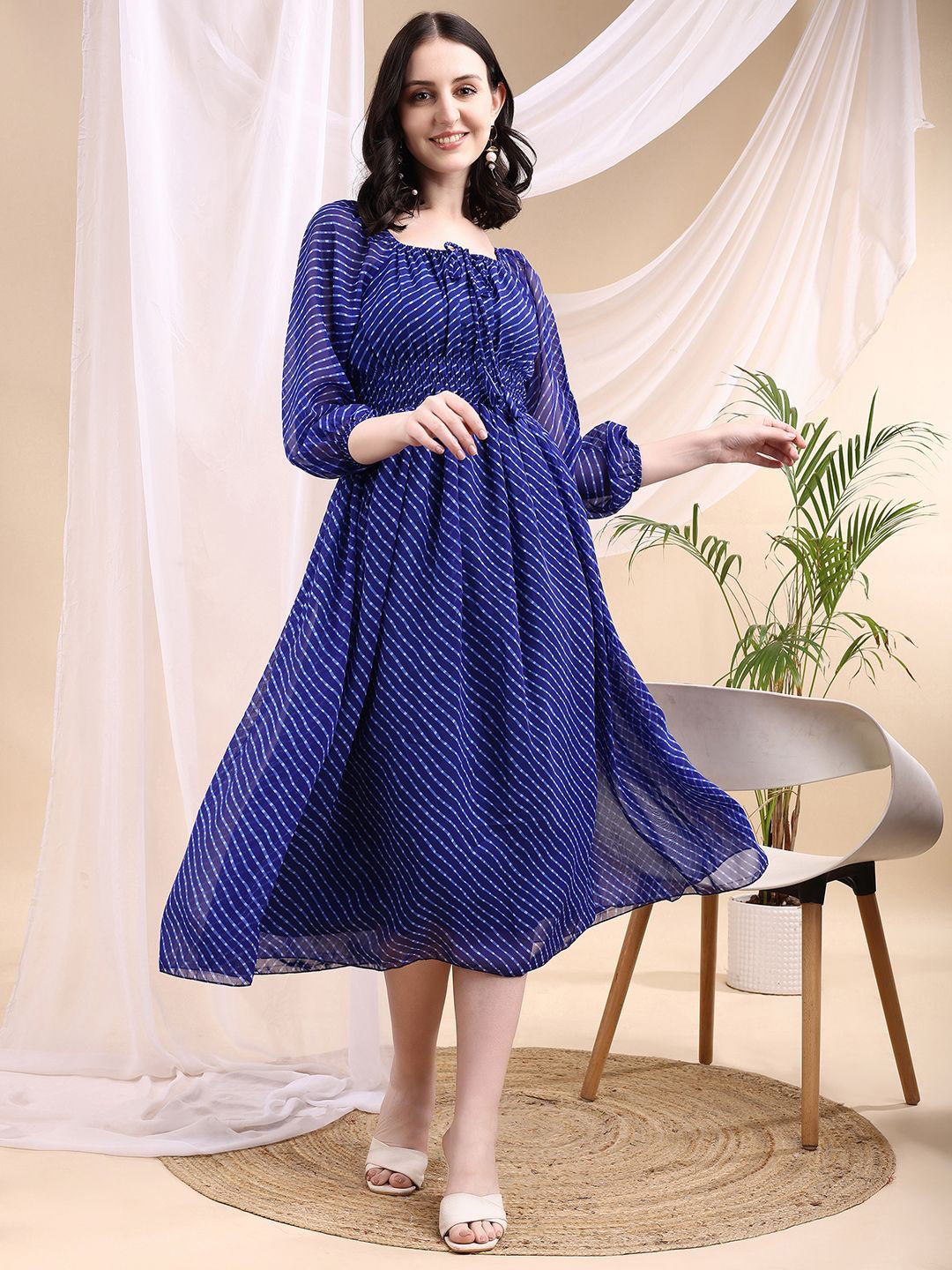 Attire Empire Women Striped Square Neck Fit and Flare Midi Dress