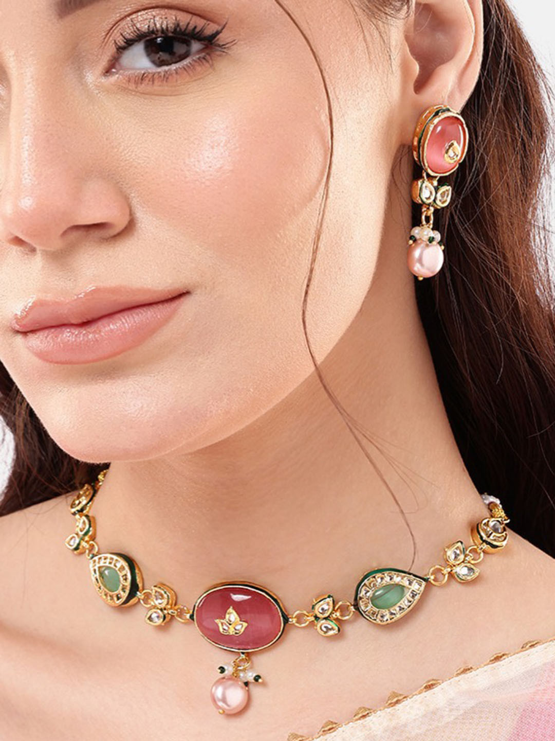 Nuyug 22K Gold Plated Radiant Rose Stone Kundan Necklace Set