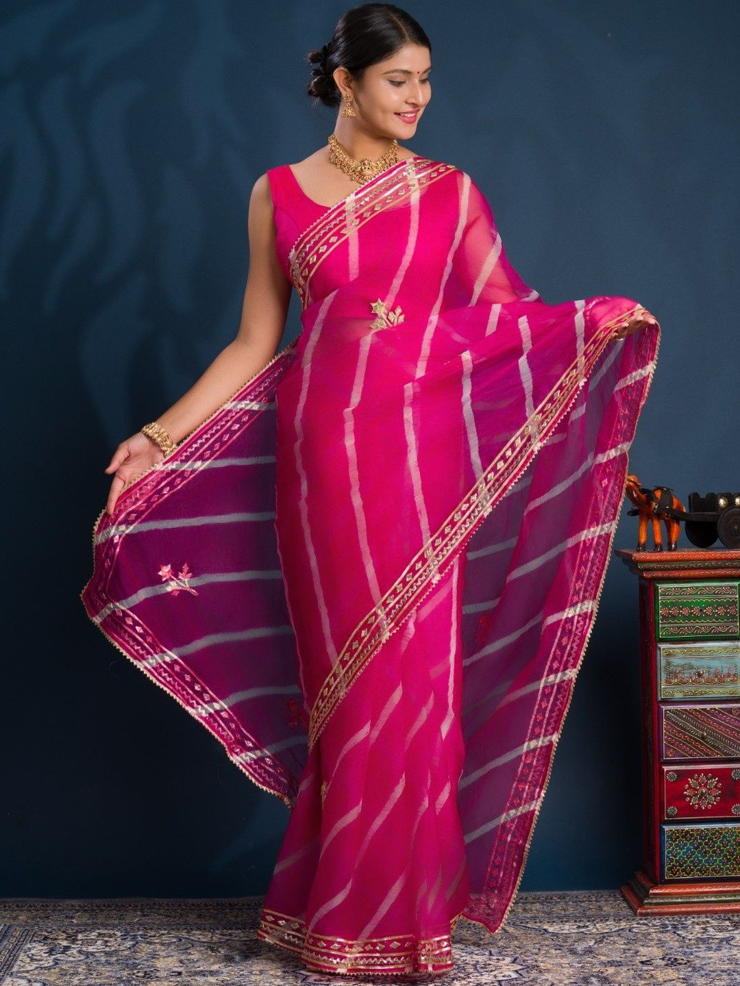 KCPC BANDHANI Leheriya Dyed Zari Work Organza Leheriya Saree With Blouse