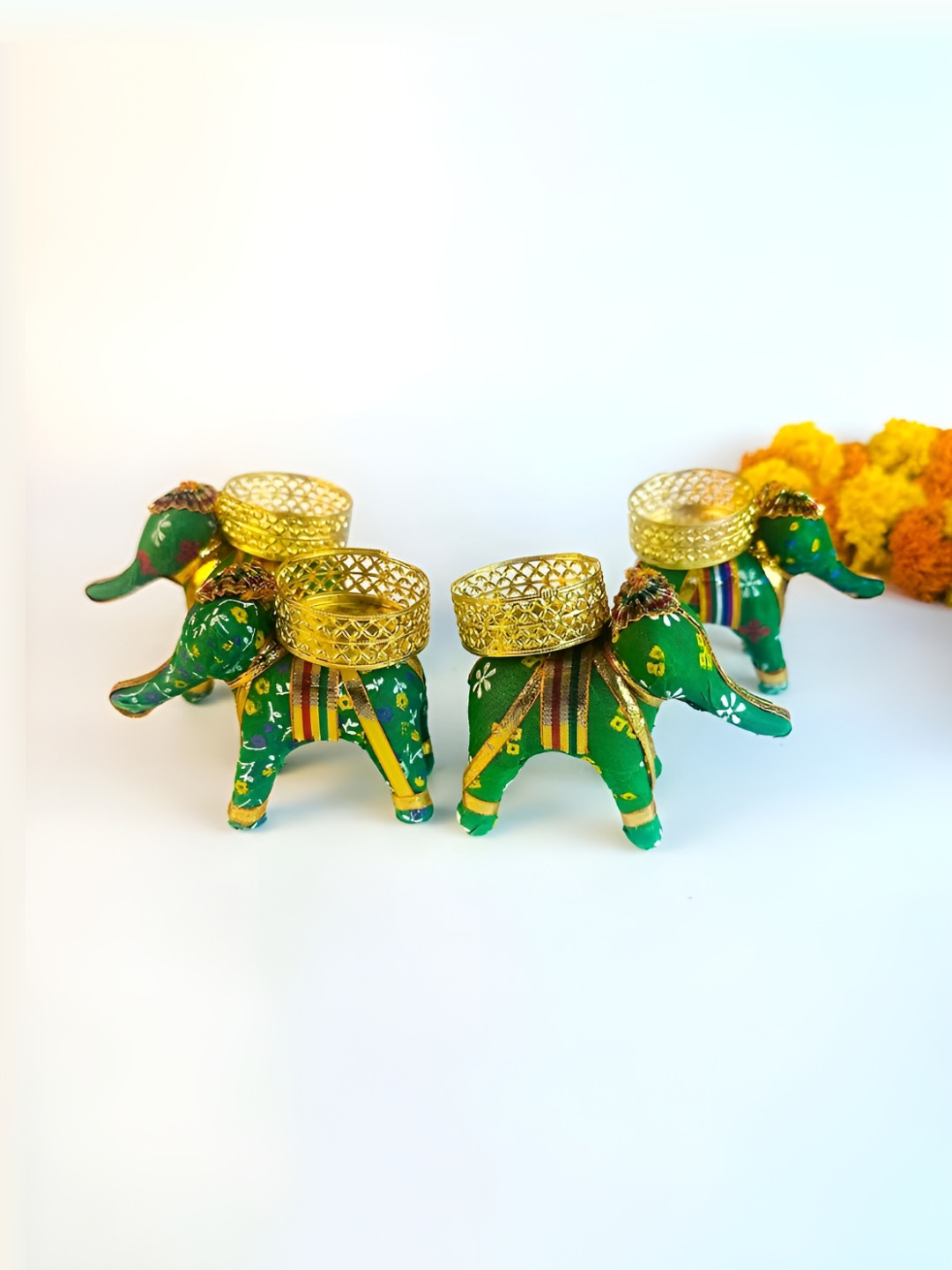 Giftii Green & Gold 4 Pieces Elephant Tea Light Candle Holders