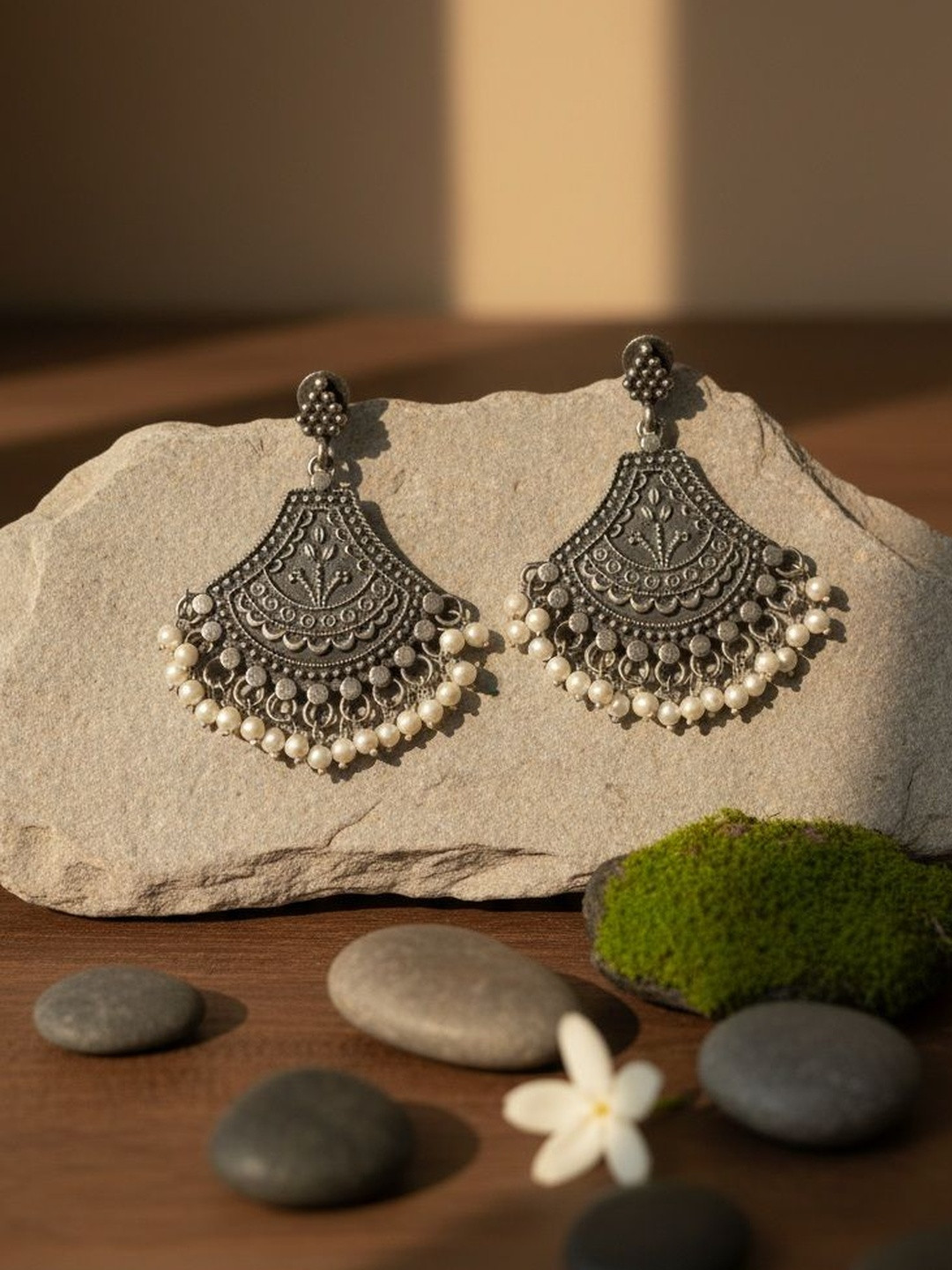 Awww Silver-Plated Artificial Beads Contemporary Shaped Oxidised Drop Earrings