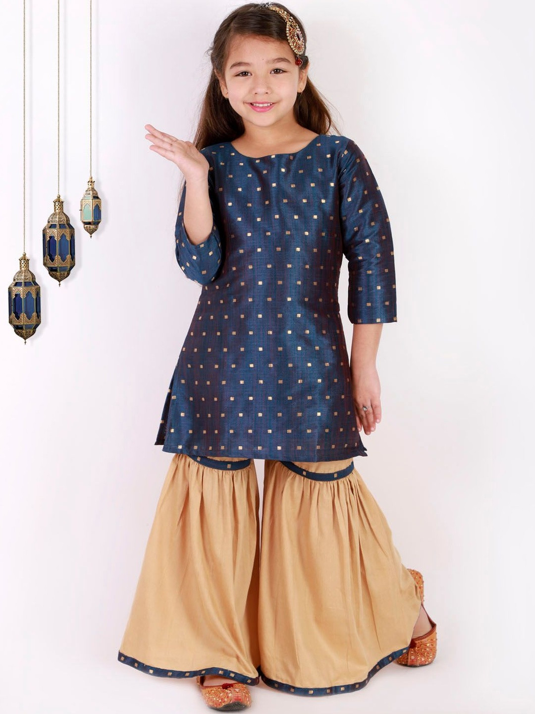 JBN Creation Girls Woven Design Regular Zari Knee Length Straight Kurta With Sharara