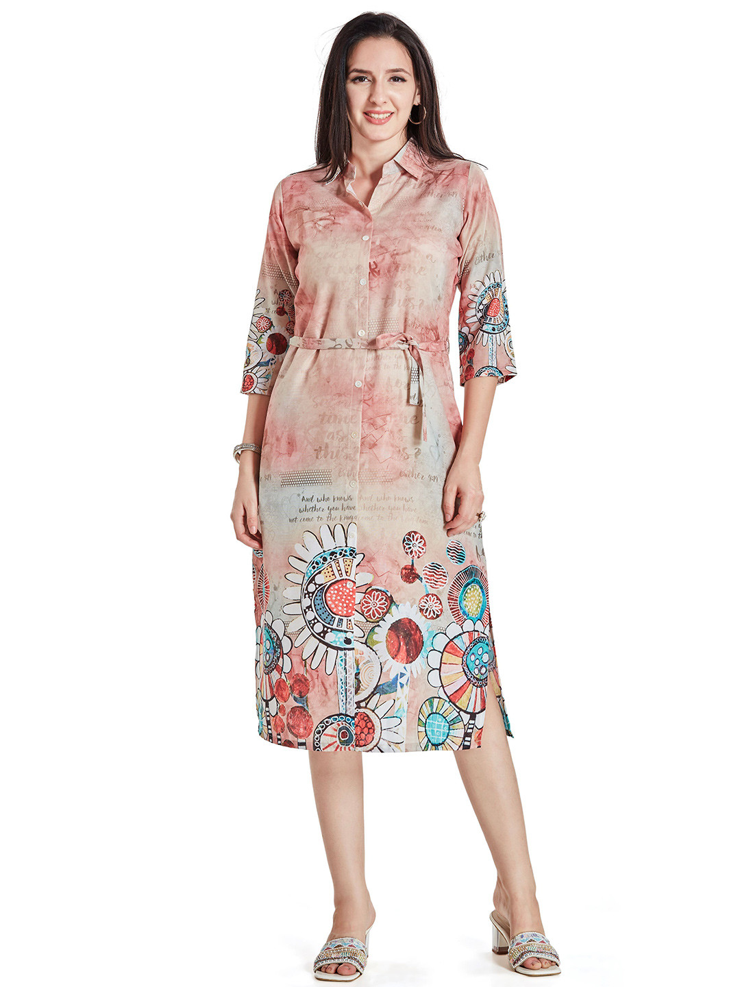 Nioni Womens Abstract Printed Linen Midi Dress