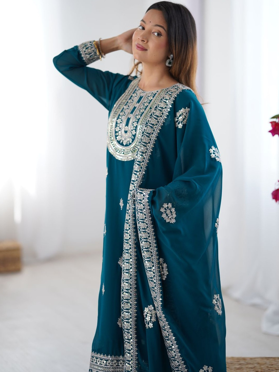 Varsha Fashion Ethnic Motifs Embroidered Sequinned Kurta With Trouser & Dupatta