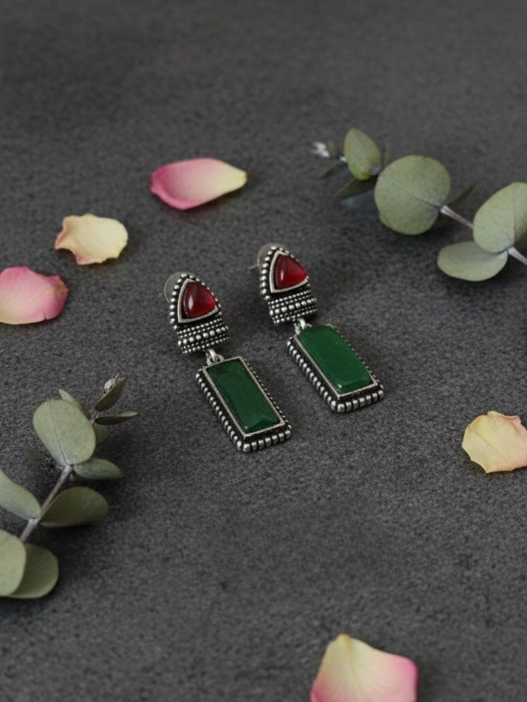 Arjun Traders Silver-Plated Artificial Stones Studded Oxidised Geometric  Drop Earrings