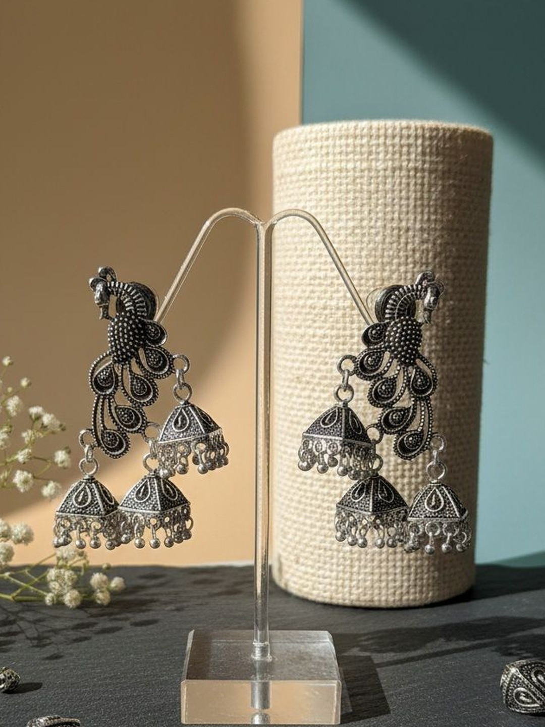 Ms Enterprises Silver-Plated Ghungroo Beaded Peacock Shaped Jhumkas