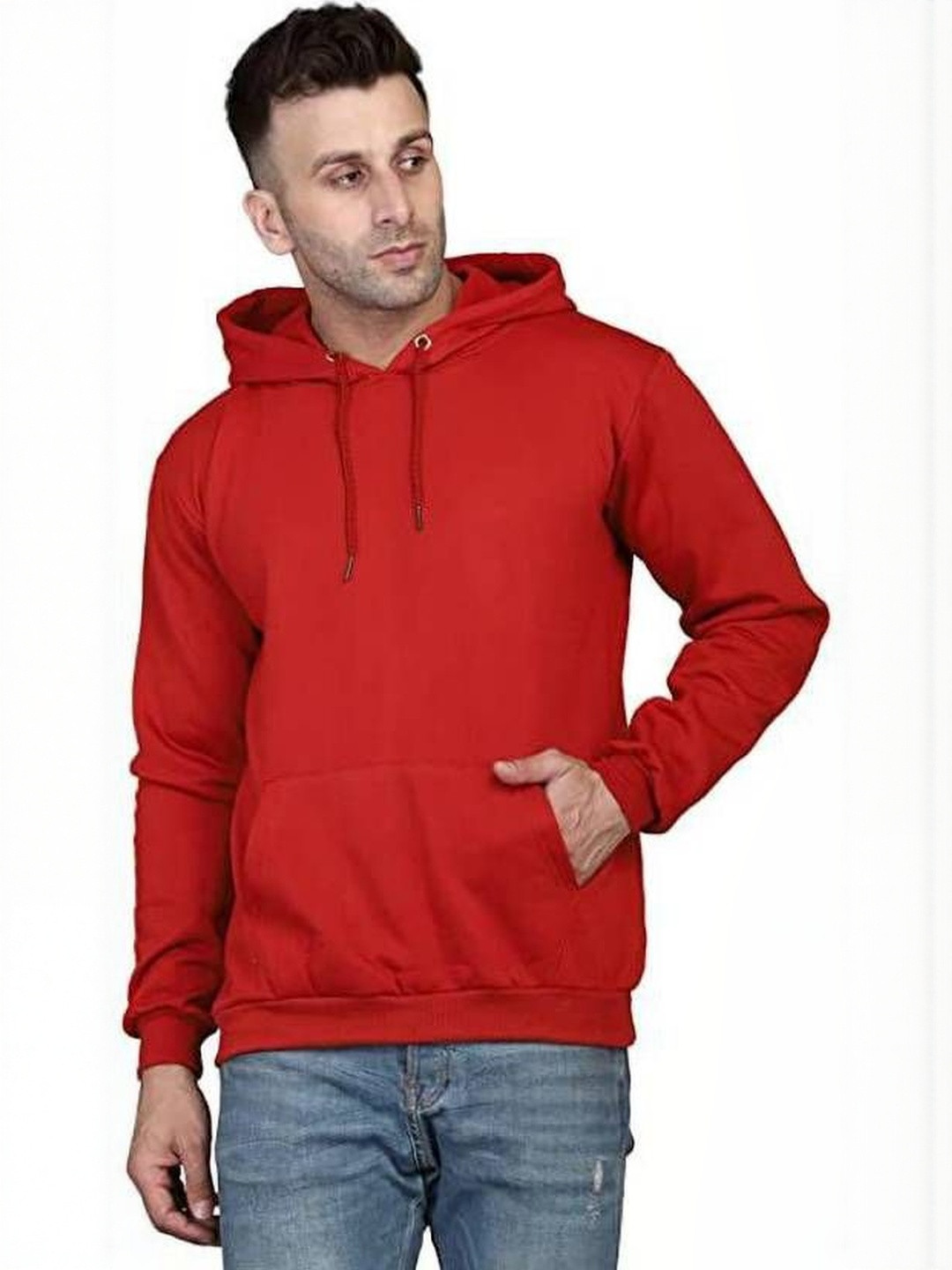 VALUE CREATION Men Red Cotton Solid Hooded Pullover