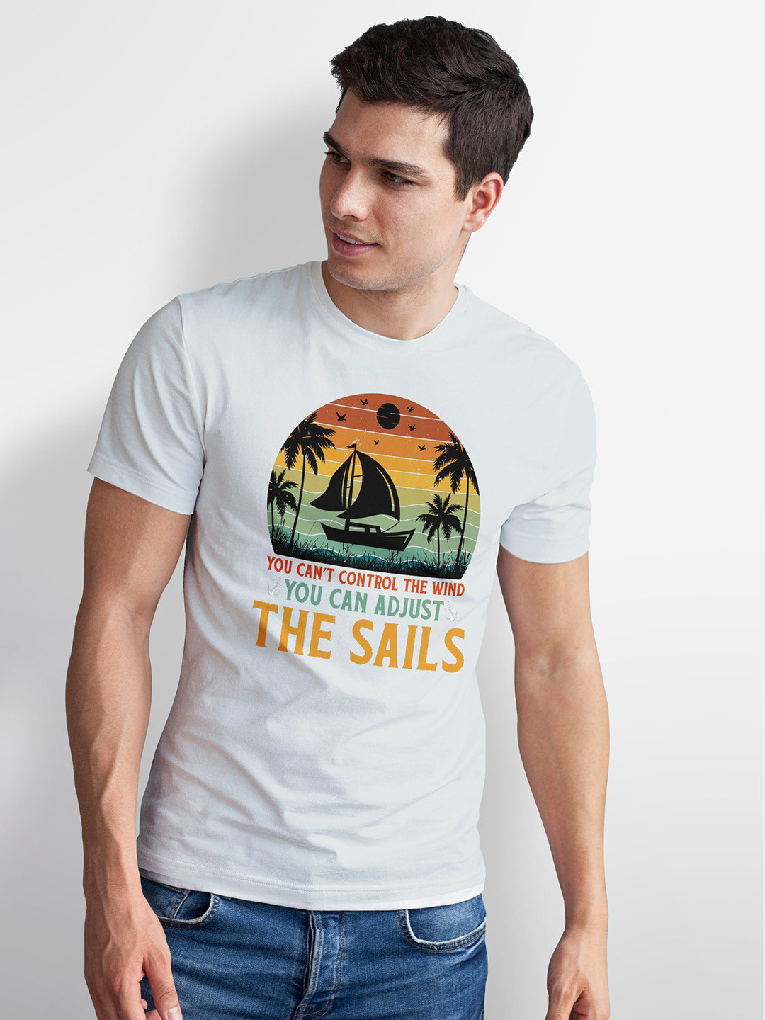 Seekbuylove Men Bio Finish Adjust The Sails Round Neck Pure Cotton T-shirt