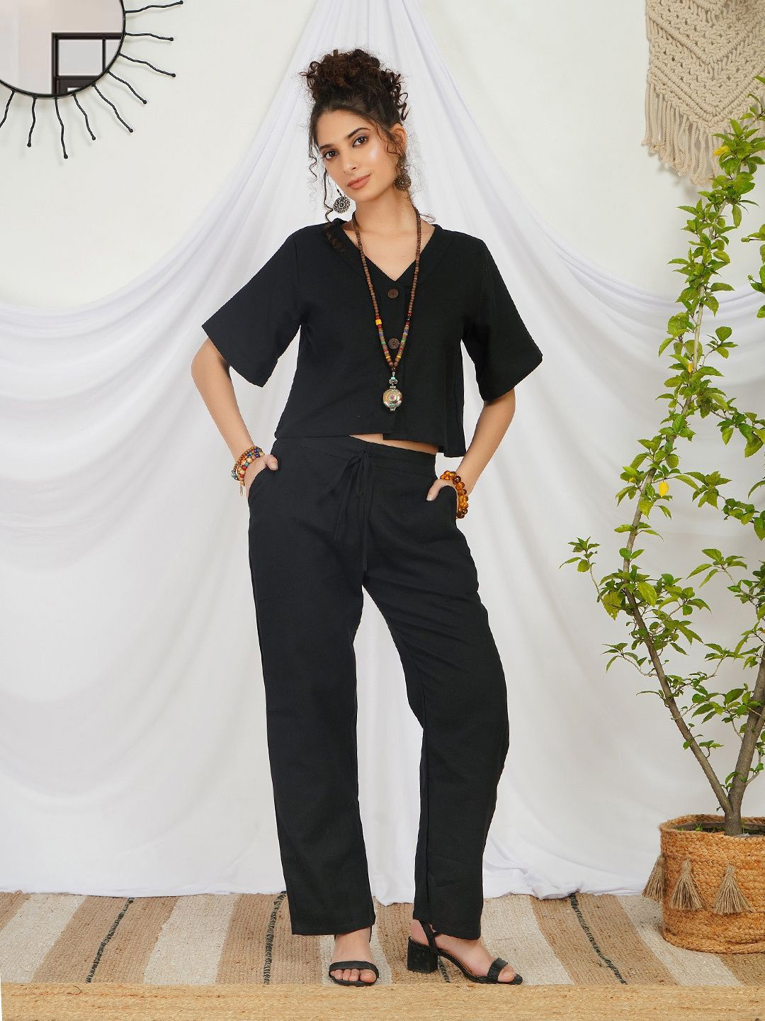 Boholyfe Evadne Raven Short Sleeves Organic Cotton Shirt With Trouser Co-Ords