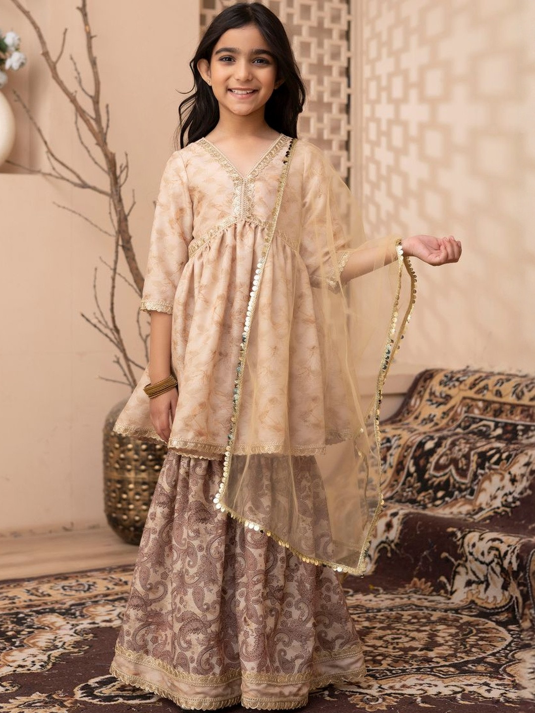 Cutiediva Girls Floral Printed Sequinned A-Line Satin Kurta Set Dupatta