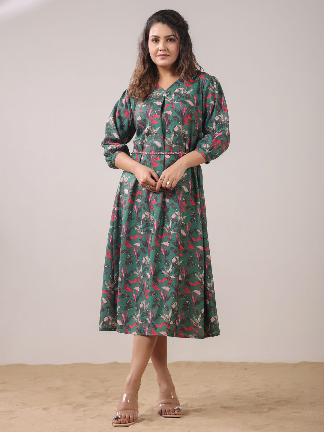 Span Floral Printed V-Neck Fit and Flare Dress