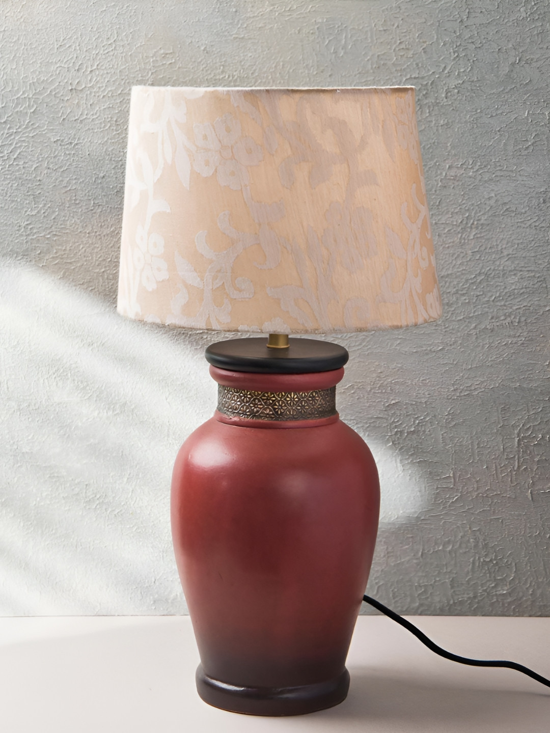 Fabindia Nargis Red & Gold-Toned Textured Ceramic Frusturical Shaped Table Lamp