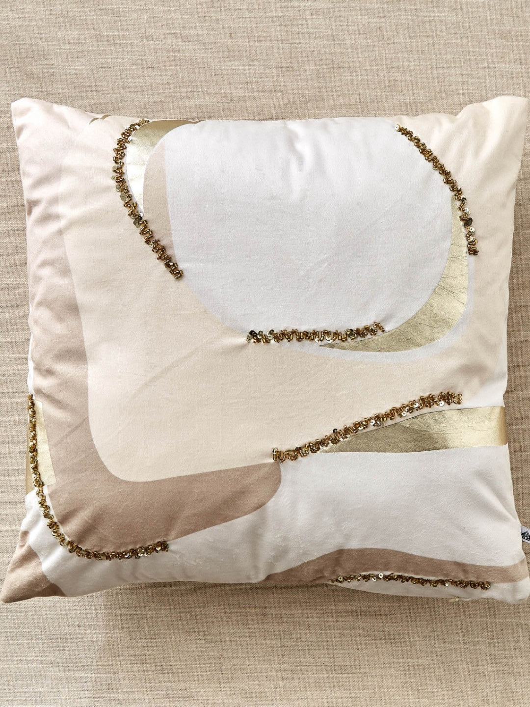 Home Centre Alchemy Verbena Off White & Gold Toned Embellished Velvet Pre Filled Cushion