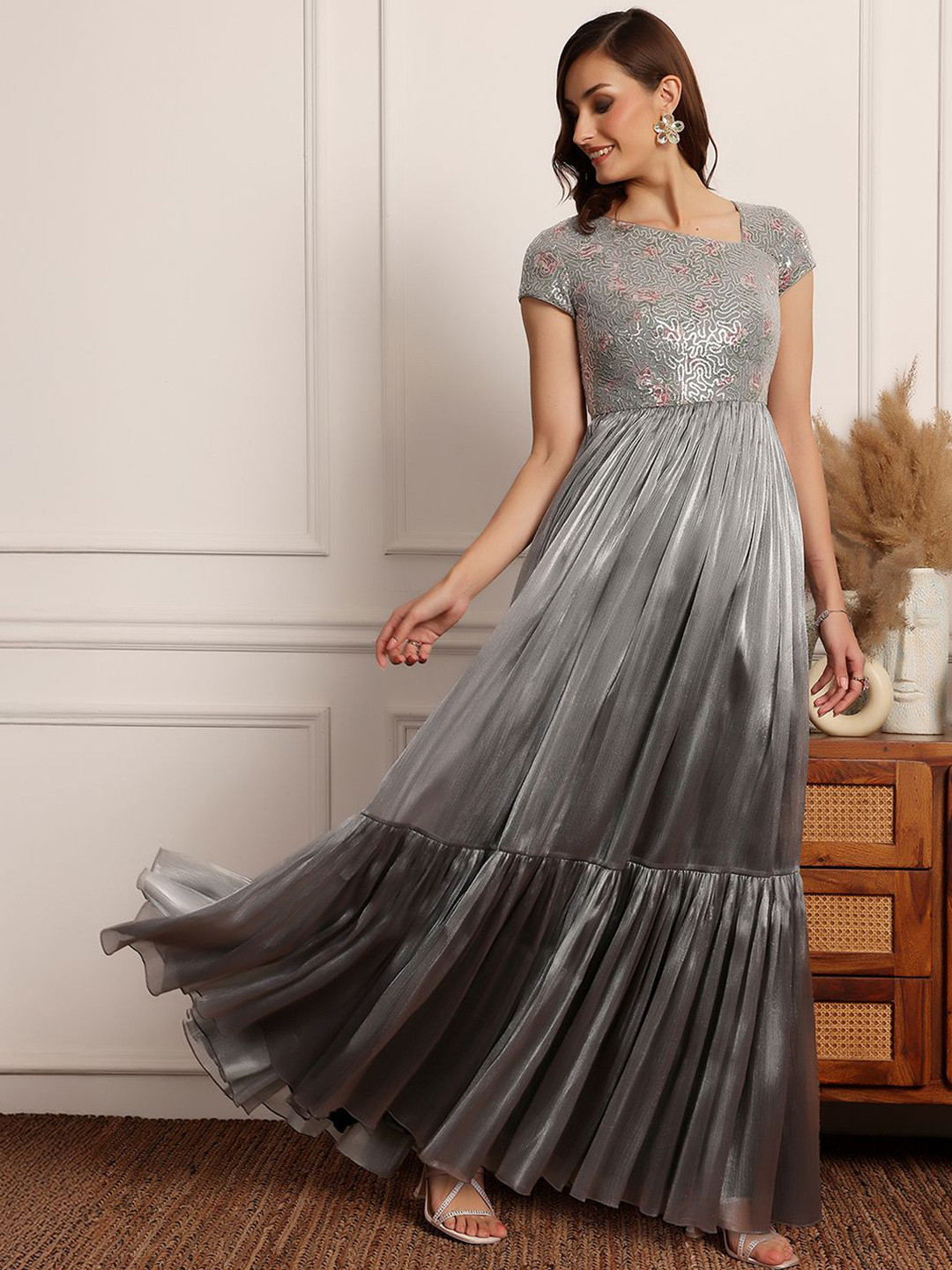 Miss Chase Womens Asymmetric Short Sleeve Embellished Tiered Chiffon Maxi Dress