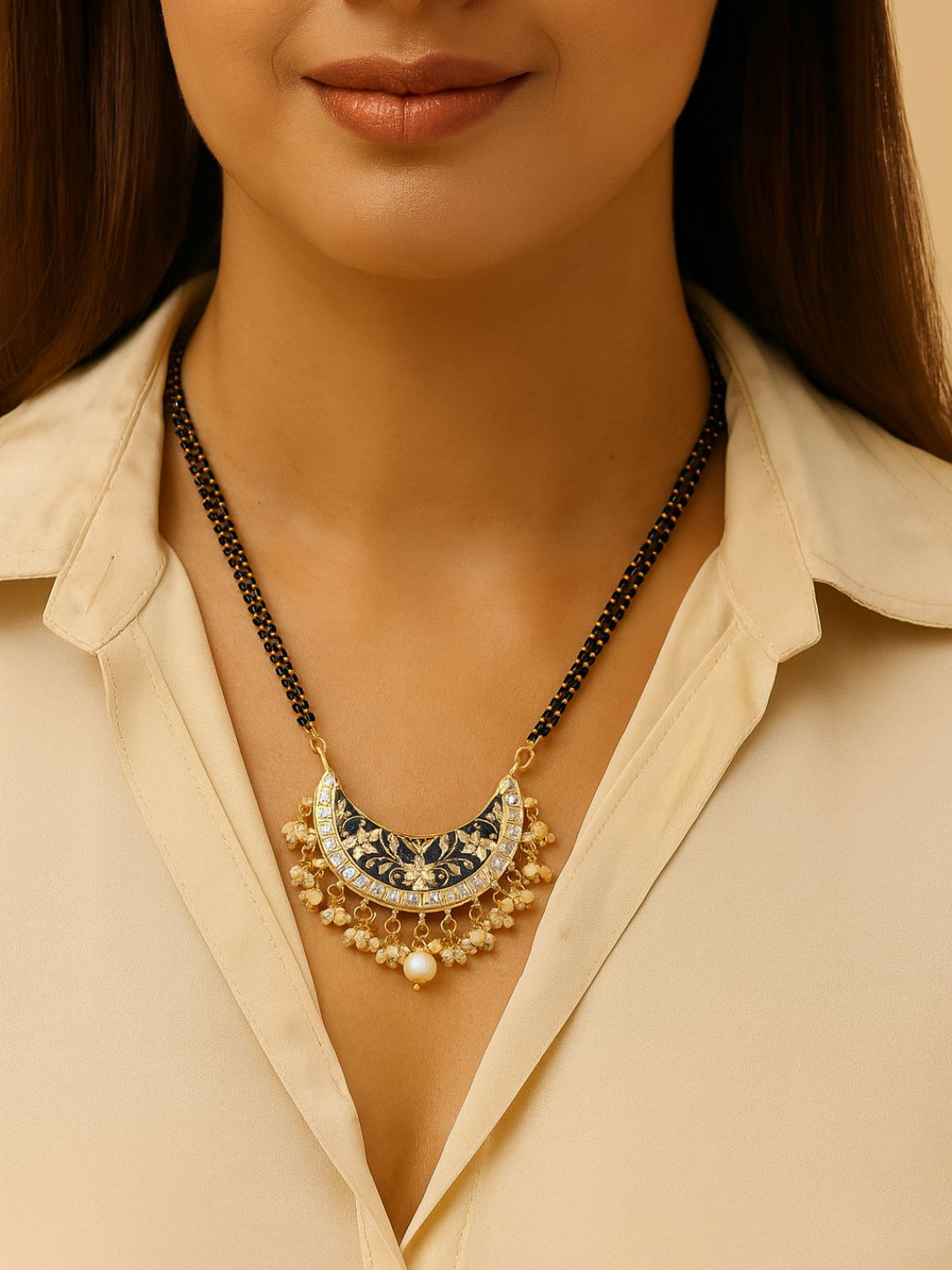 I Jewels Blue & Black Gold-Toned Pearl Studded & Beaded Enamel Mangalsutra