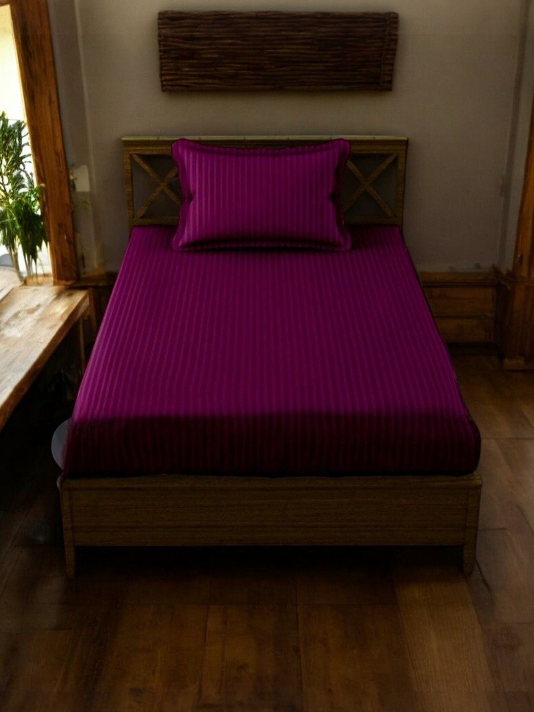 WELLNEST Purple 110 TC Cotton Fitted Single Bedsheets