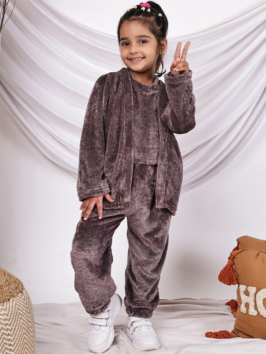 NEUDIS Girls Round Neck Velvet Top With Shrug & Jogger