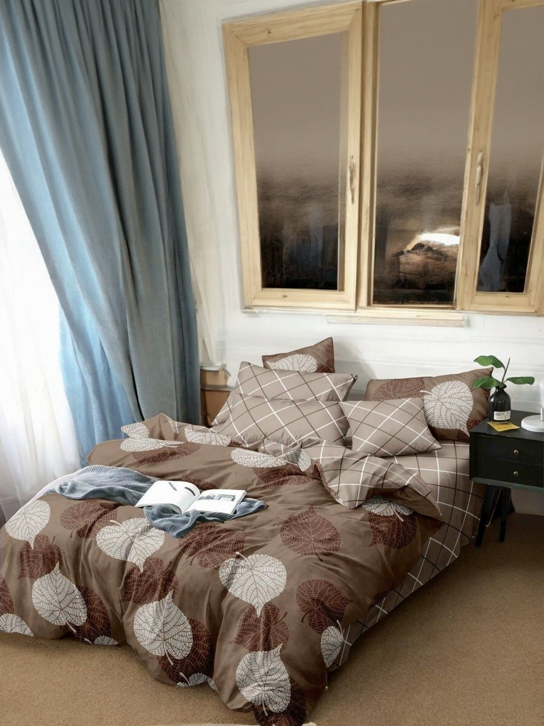 WELLNEST Leaf Printed Cotton Queen Bedsheet with 2 Pillow Covers