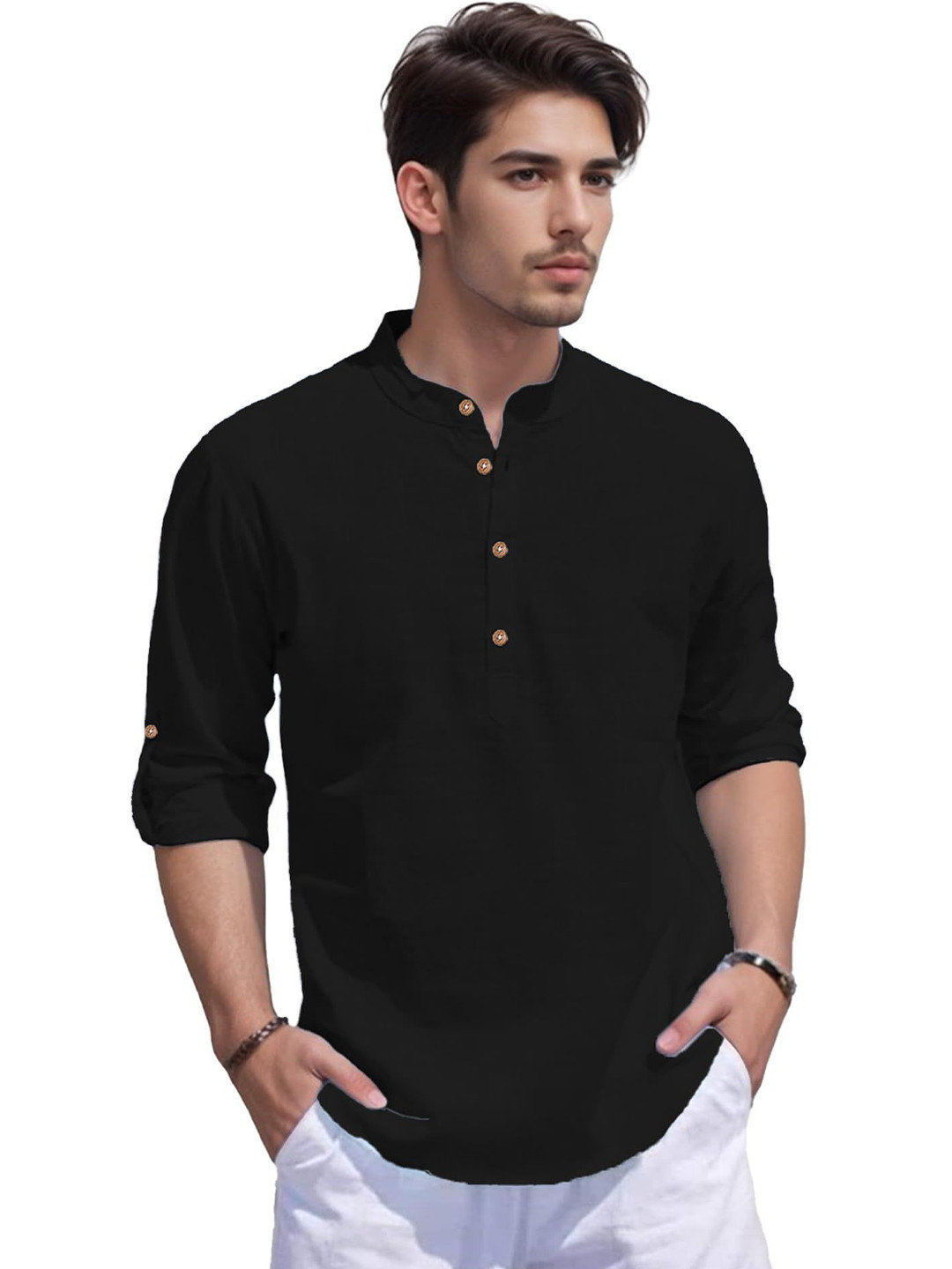 TrendiVastra Band Collar Roll-Up Sleeves Stright Kurta