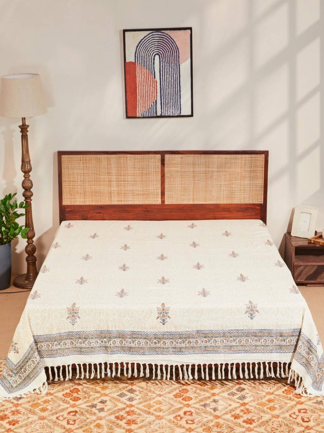 Fabindia White & Red Hand Printed Double King Cotton Bed Covers