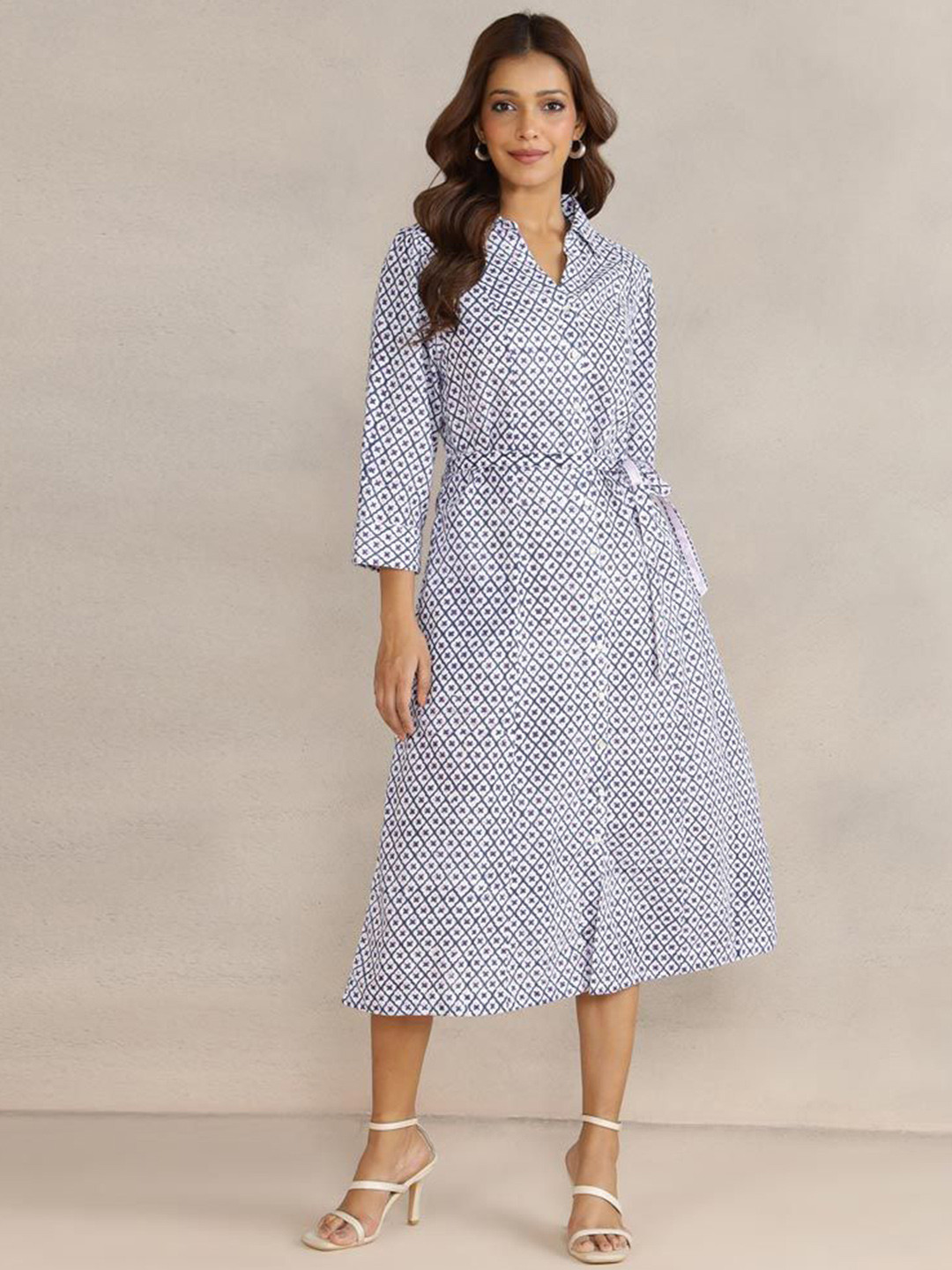 Fabindia Women's Blue Printed Spread Collar 3/4th Sleeves Shirt Dress