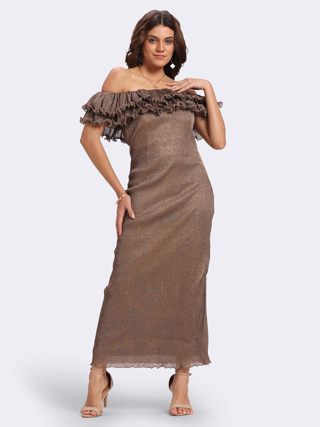 Aanandini Off-Shoulder Flared Sleeve Ruffled Chiffon Sheath Maxi Dress