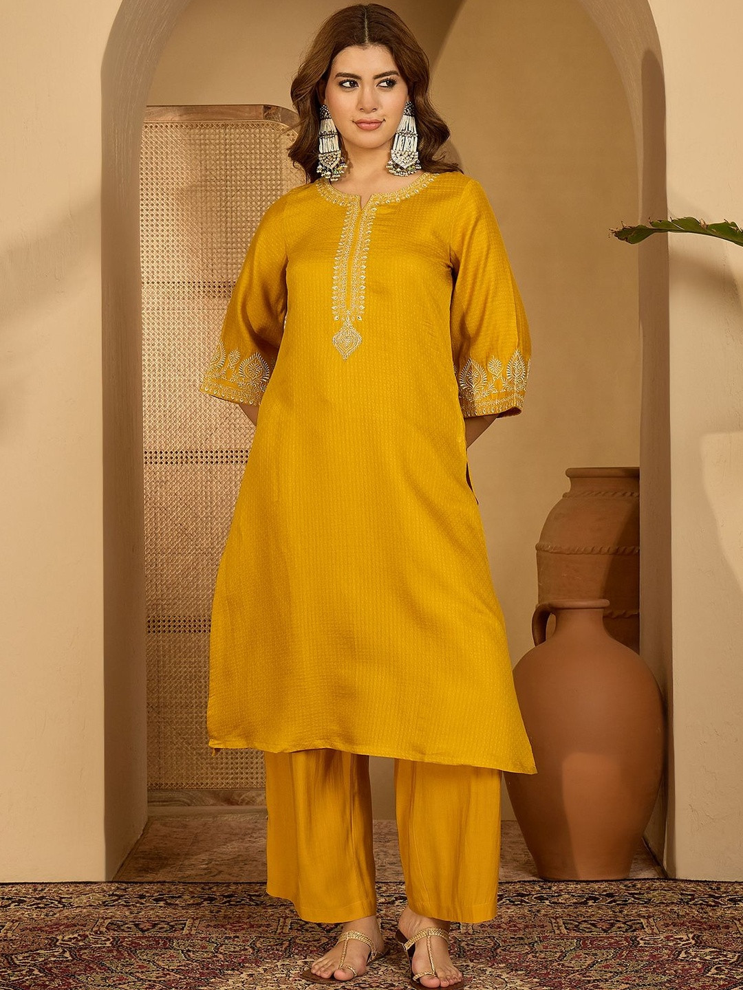 Sangria Women Yellow Self Design  Kurta Sets With Dupatta