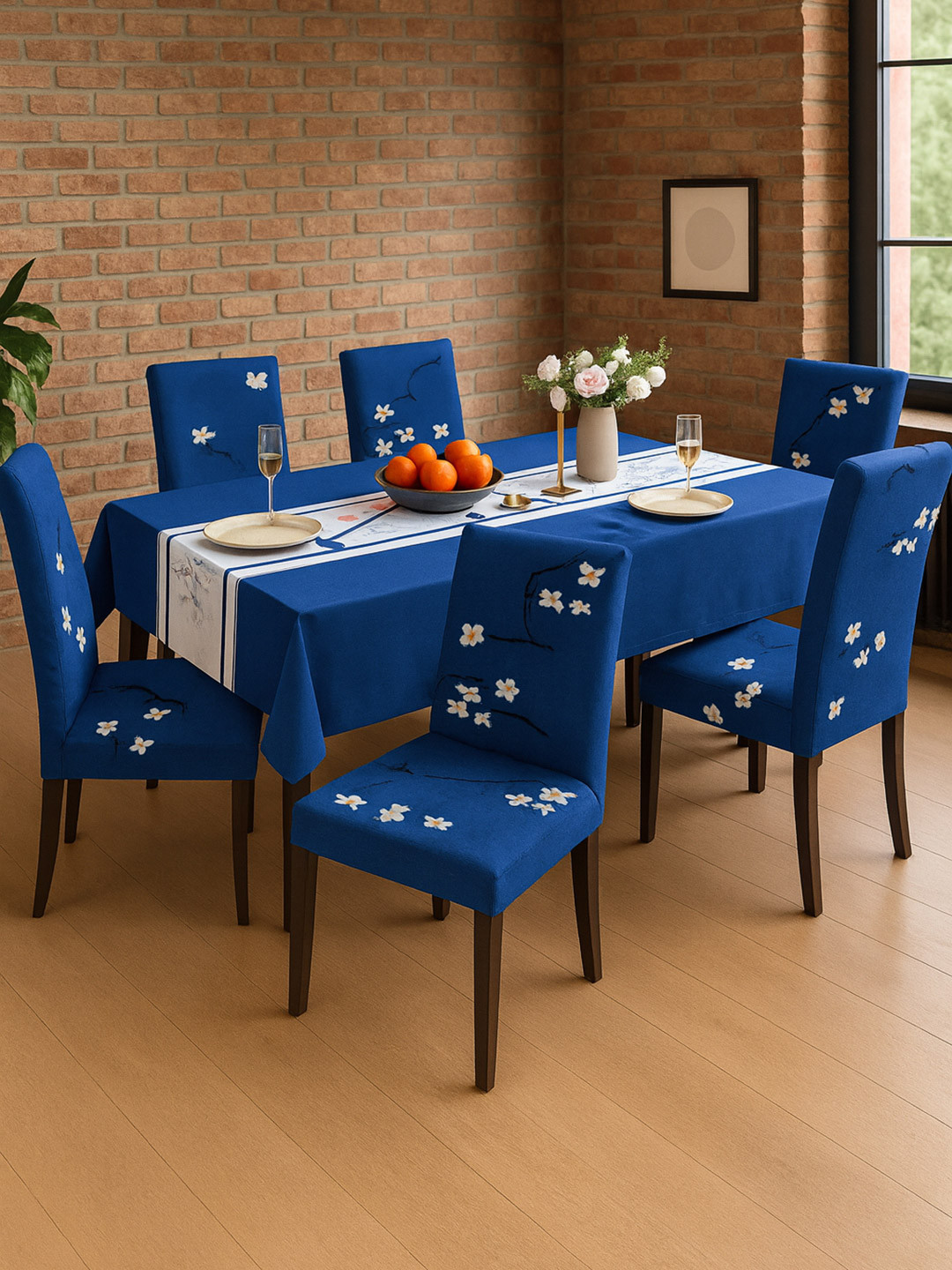 Cortina 7-Pcs Blue & White Printed Table Cover & Dining ChairCoverSet