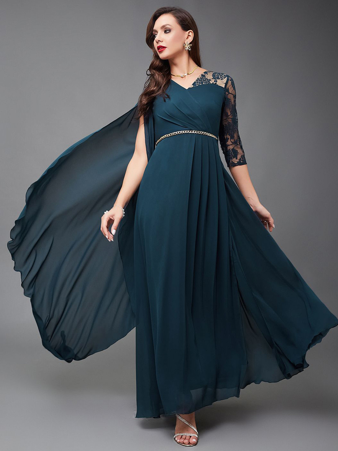 Miss Chase Women's V-Neck Asymmetric Self-Designed Georgette Maxi Dress