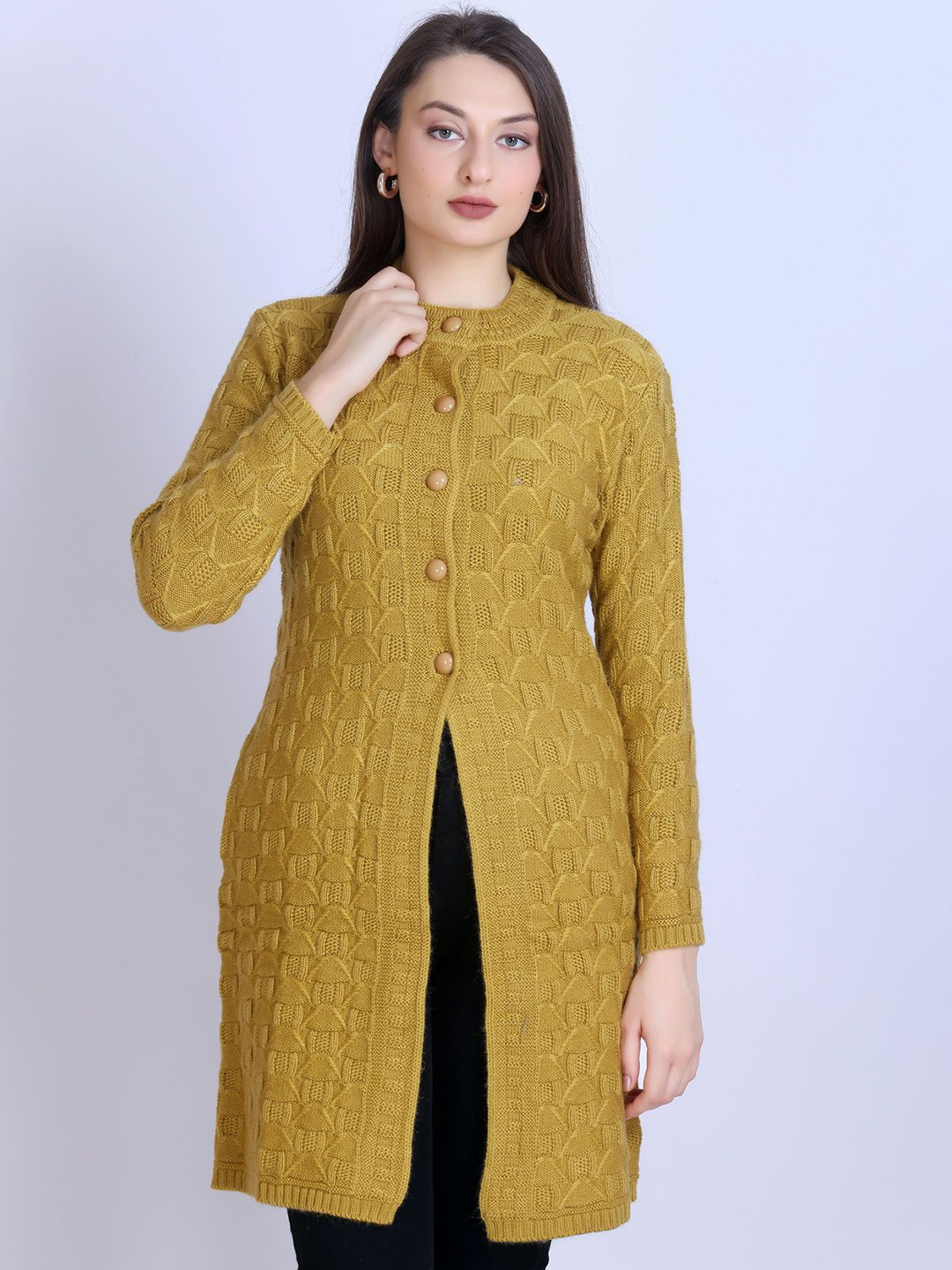 Winter Wonders Women Geometric Self Design Round Neck Longline Coat Style Cardigan