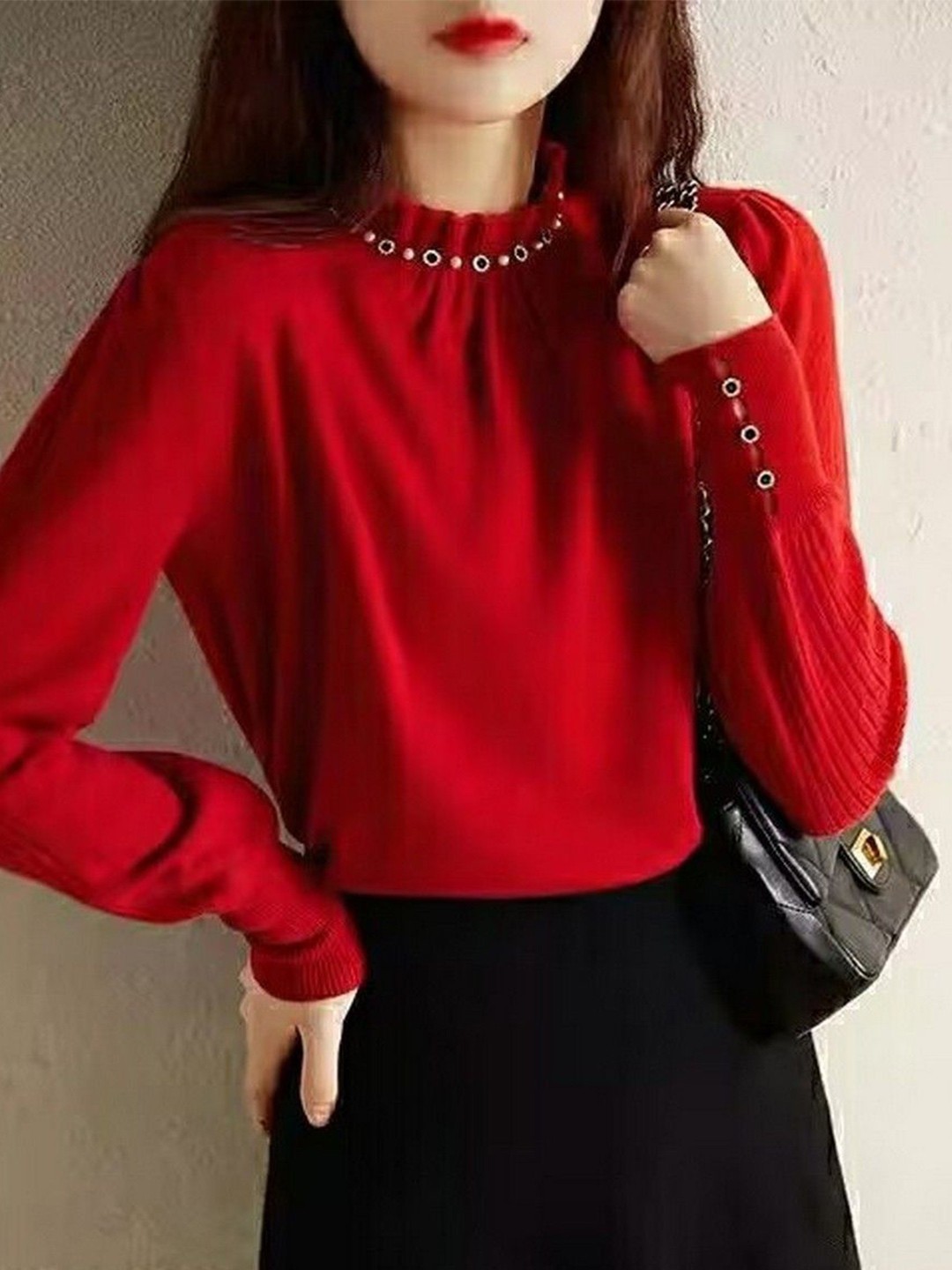 StyleCast Women Embellished Ruffle Neck Pullover With Button Cuffs Sweater