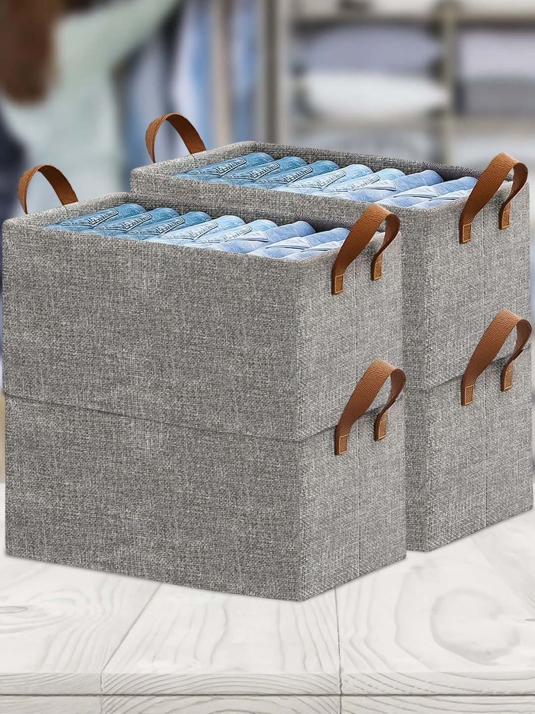 Sittella Grey Set of 4 Foldable Wardrobe Organizer with Durable Handle & Stuff Storage Box