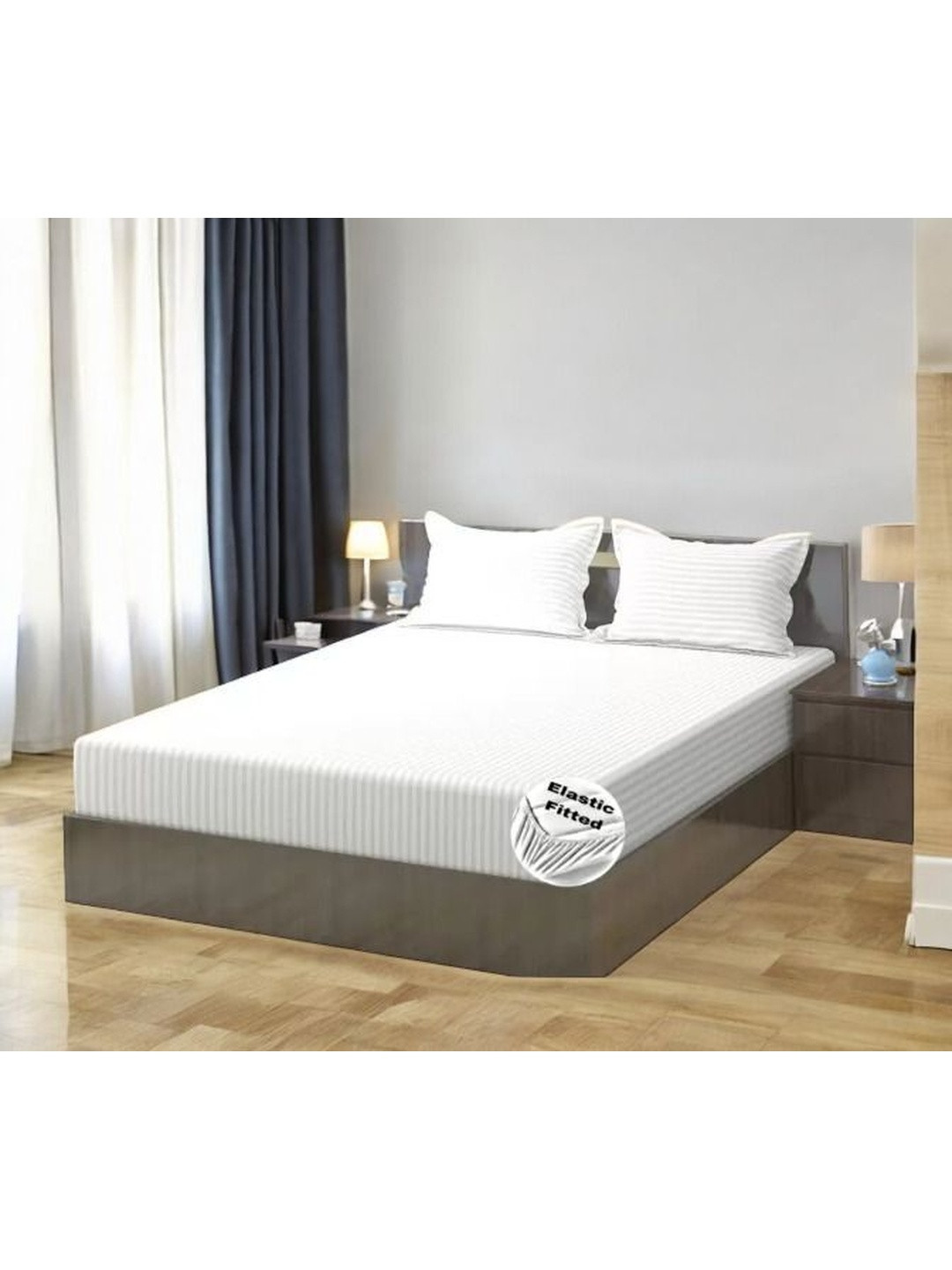 WELLNEST White Striped 300 TC Cotton Fitted Queen Bedsheets With Pillow Covers