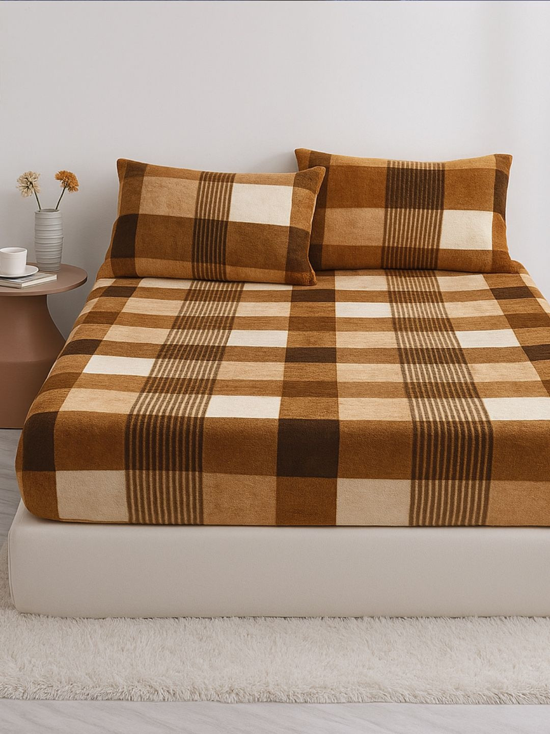bsb home Brown & Beige Checked 220TC King Bedsheet Set 182.88 mx 218.44 m