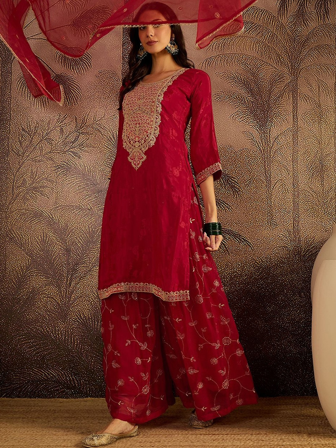 Sangria Women Ethnic Motifs Embroidered Knee Length Regular Kurta with Sharara & Dupatta
