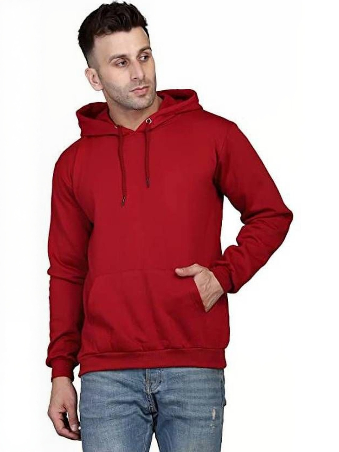 VALUE CREATION Men Maroon Cotton Solid Hooded Pullover