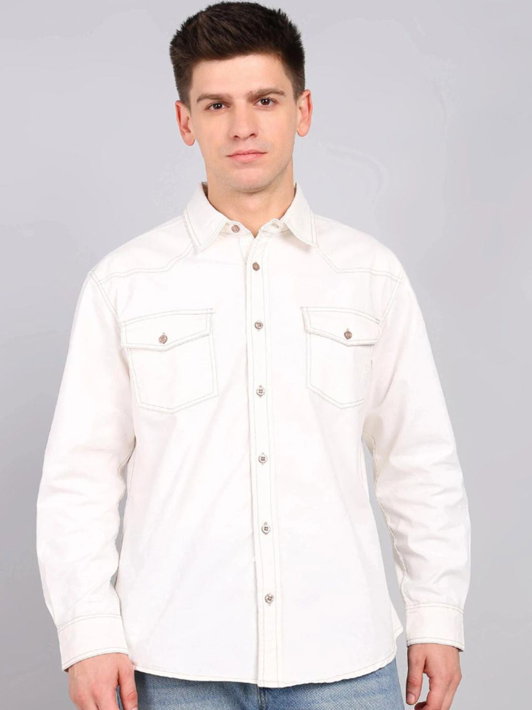 Gaucha Men Solid Spread Collar Cotton Casual Shirt