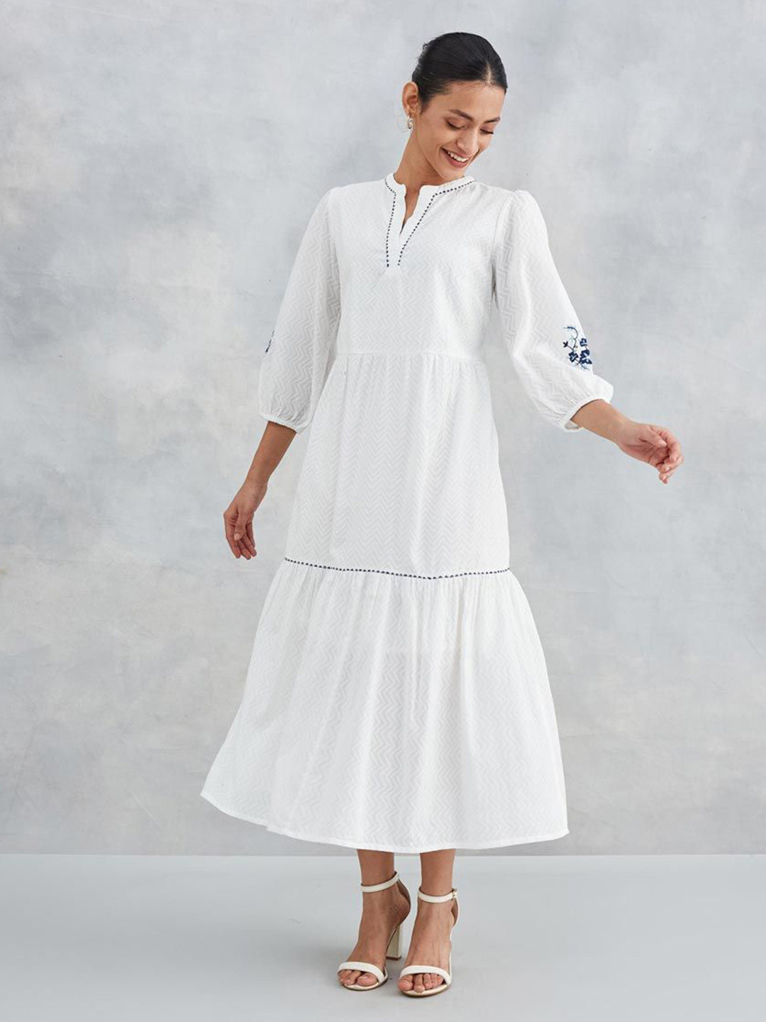 Fabindia Women's White Printed Mandarin Collar 3/4th Sleeves Tiered Dress