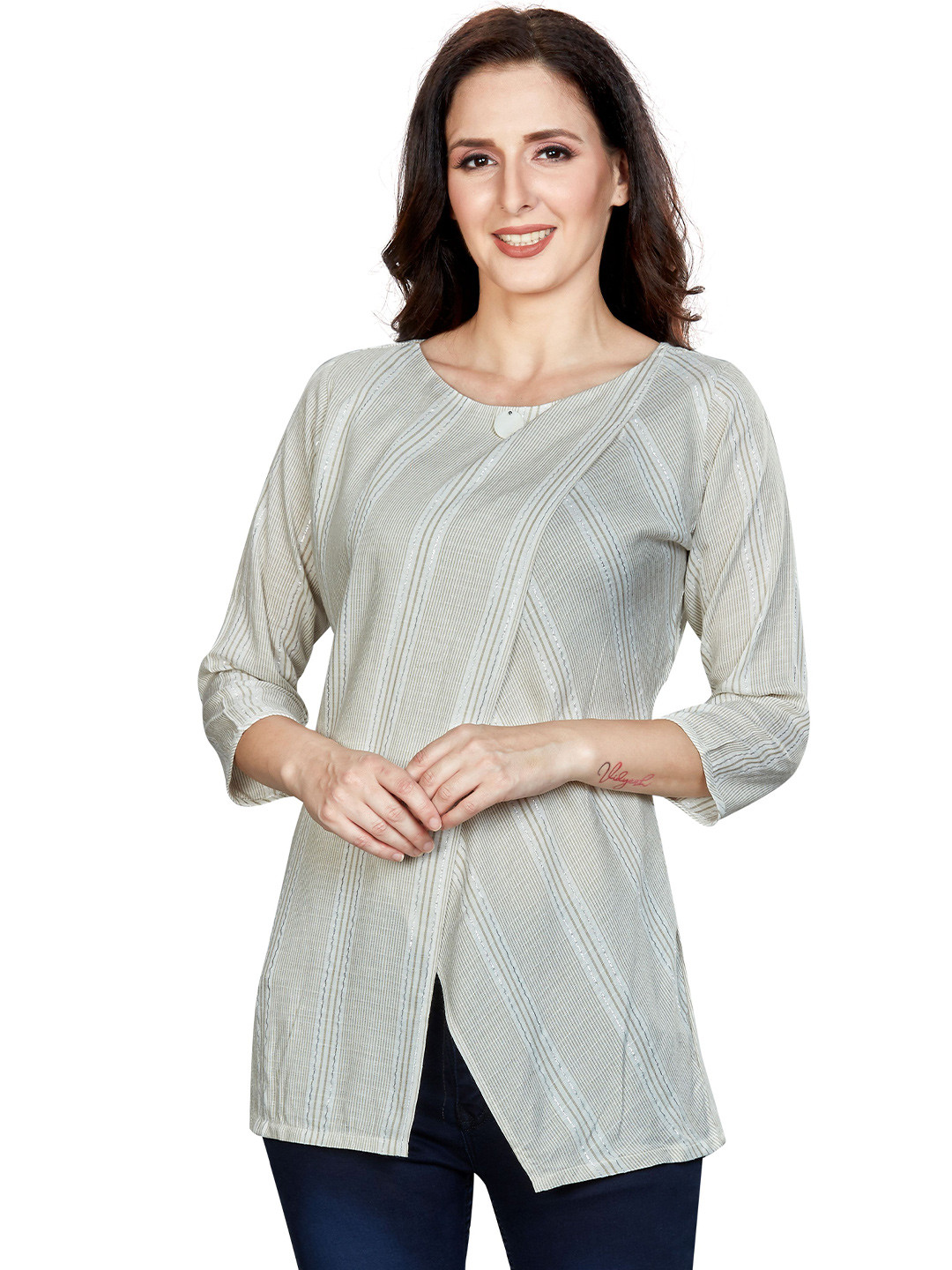 Nioni Self Design Round Neck Asymmetrical Cotton Tunic