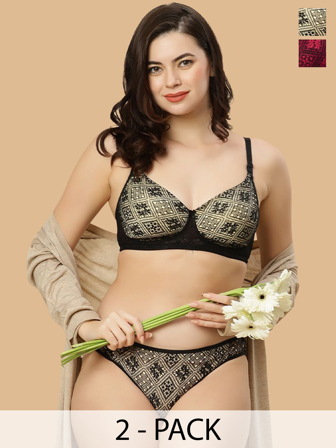 happybra Pack Of 2 Self-Design Cotton Non-Wired Lightly-Padded Full Coverage Lingerie Set