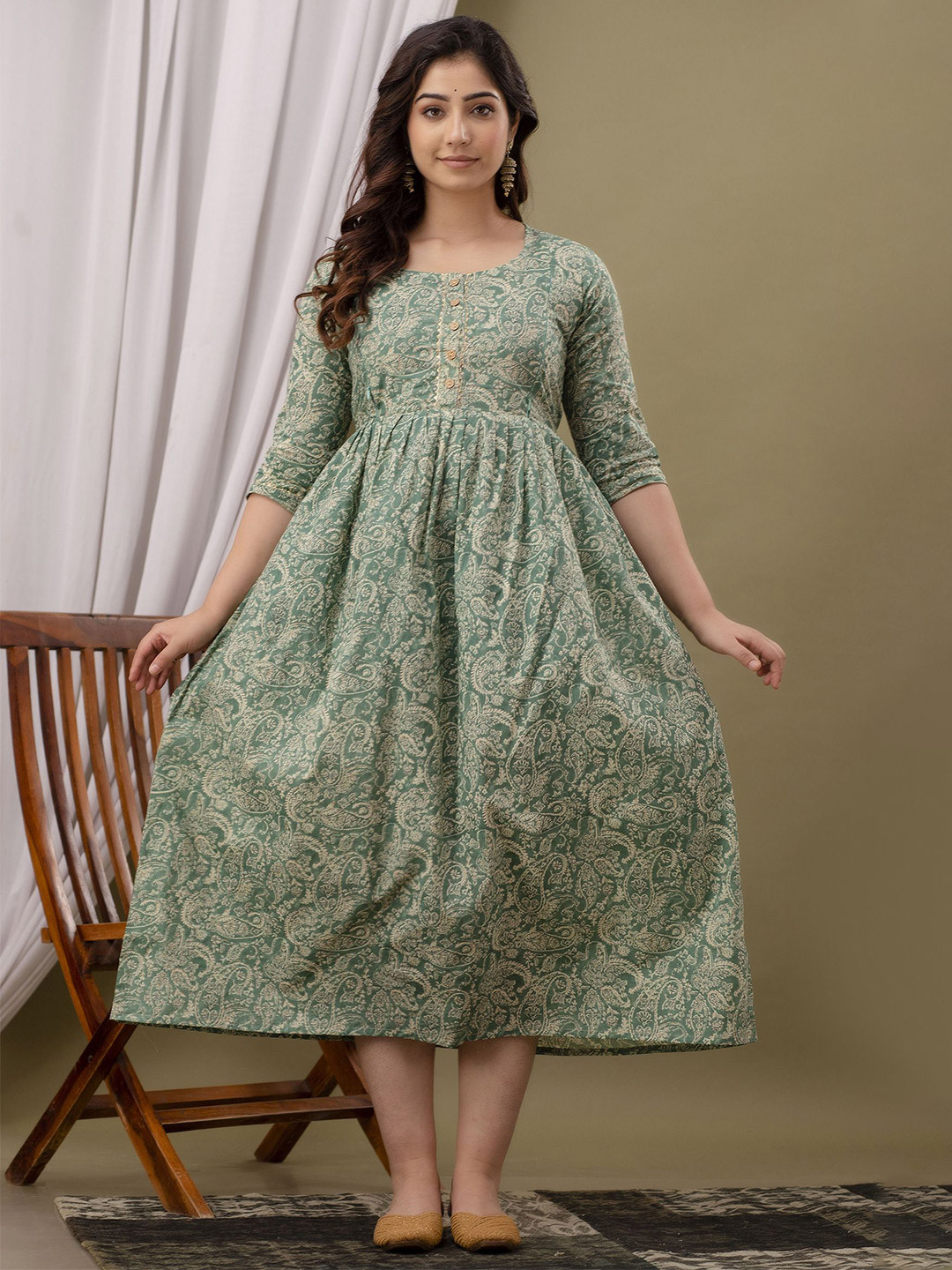 FACON GRAVIDA Paisley Printed Gathered or Pleated  Maternity Fit and Flare Midi Dress