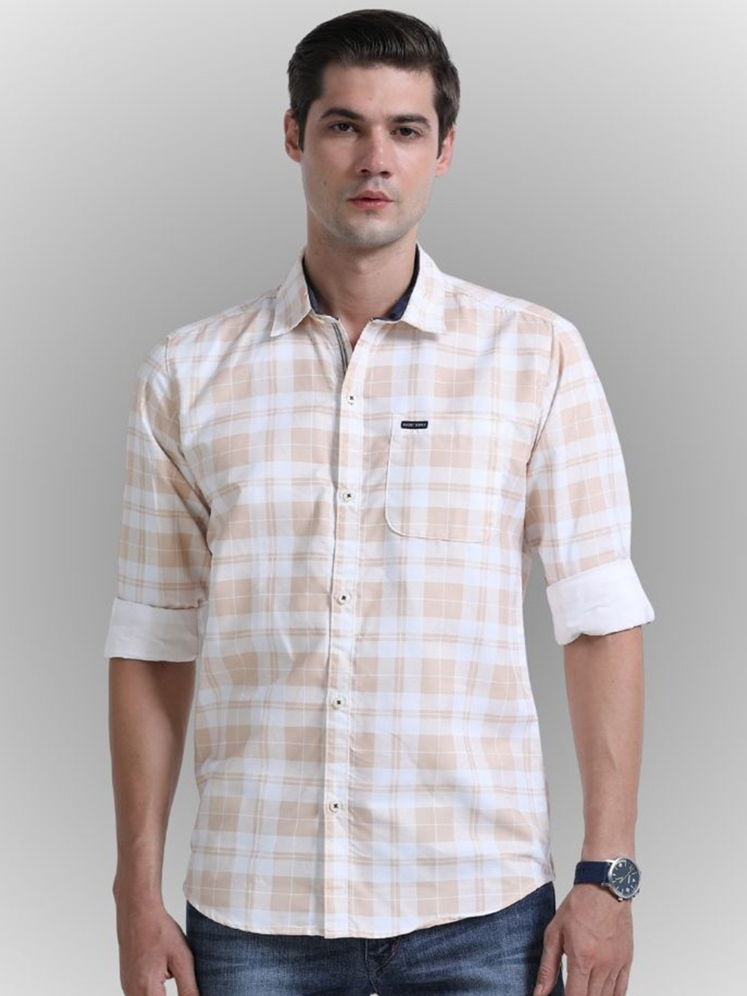 RS Fashions Men Spread Collar Checked  Print Roll-Up Sleeves Casual Shirt