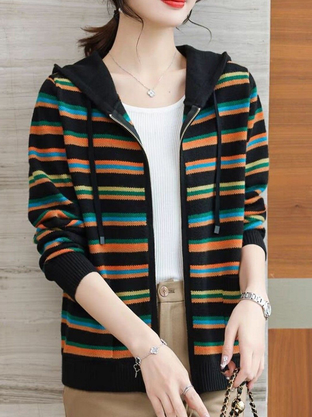 StyleCast Striped Long Sleeves Zip-Up Knit Hoodie Sweater