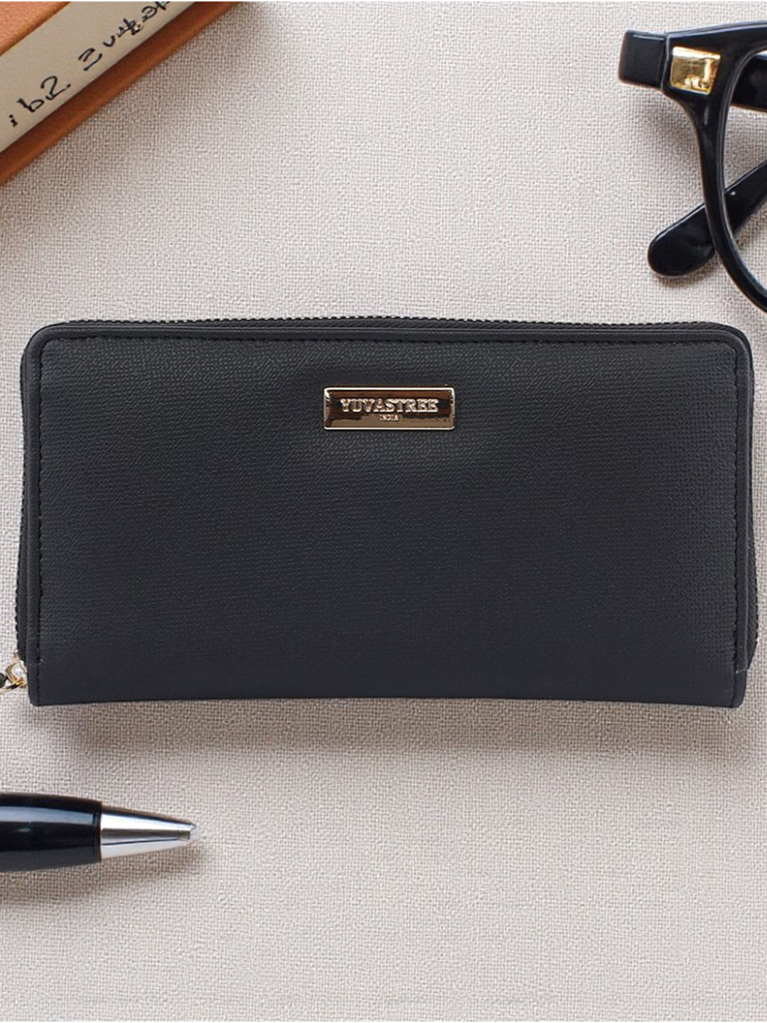 YUVA STREE Women Black 12 Card Holder with 3 Mobile Pocket Wallet with Applique